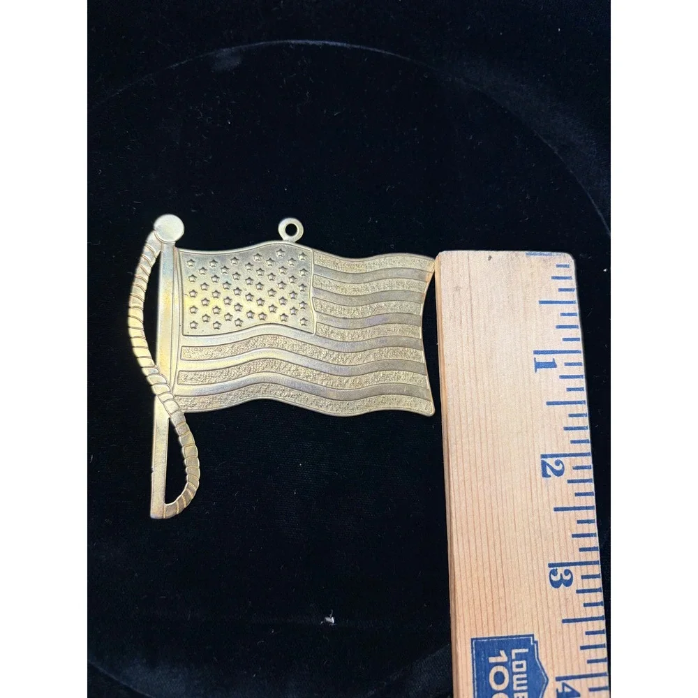 Vintage Brass Tone American Flag Ornament Waving US Flag Patriotic Holiday Decor